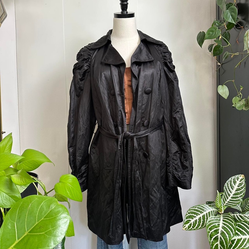 INC International Concepts Black Ruched Sleeve Metallic Shine Trench Coat Large
